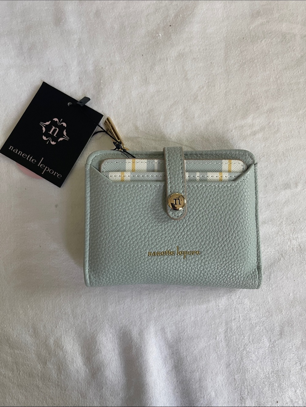 Nanette Lepore Pale Mint Pebbled Leather Card Wallet with Gold Hardware